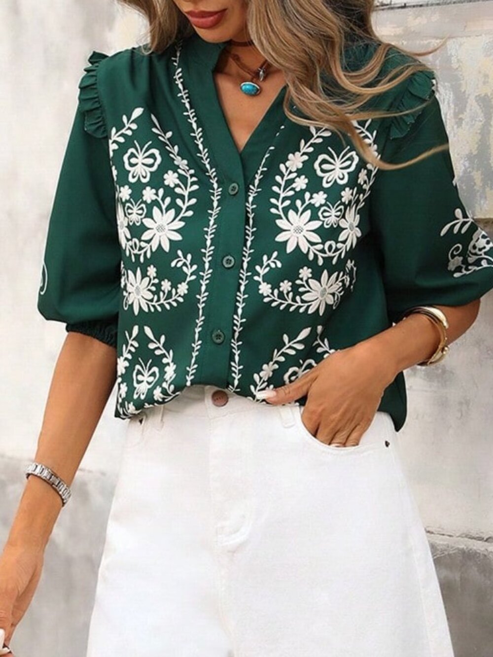 Green Boho Women's V-Neck Ruffle Trim Open Front Casual Printed Shirt - Picture 4 of 7